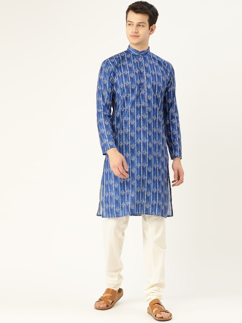 

SOJANYA Men Navy Blue & White Printed Straight Kurta