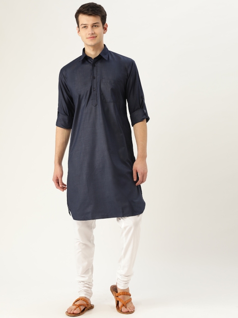 

SOJANYA Men Navy Blue & Off-White Solid Pathani Kurta with Churidar