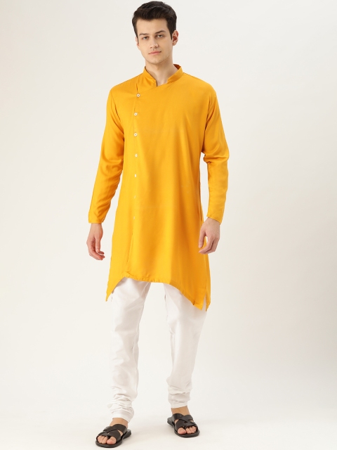

SOJANYA Men Mustard Yellow & Off-White Solid Asymmetric Kurta with Churidar