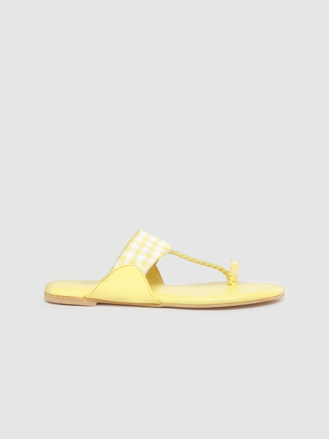 

Anouk Women Yellow & White Checked One Toe Flats with Braided Detail