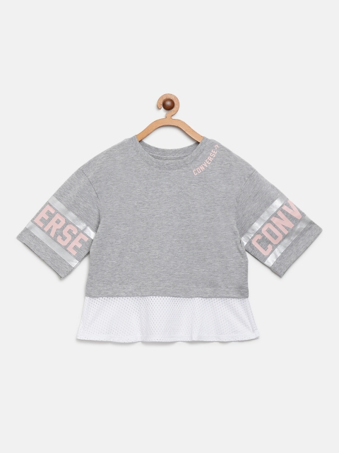 

Converse Girls Grey Melange & White Colourblocked Round Neck Boxy T-shirt