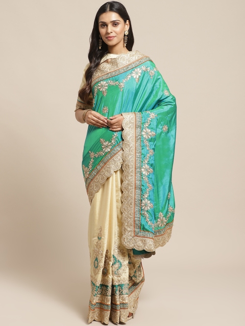 

Readiprint Fashions Beige & Green Embroidered Half & Half Saree