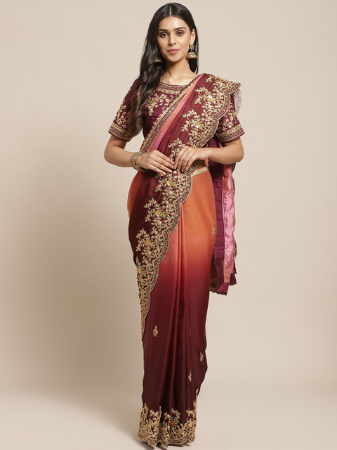 

Readiprint Fashions Burgundy & Peach-Coloured Dyed Zari Embroidered Saree
