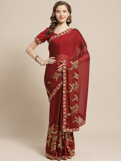 

Readiprint Fashions Maroon & Golden Floral Zari Embroidered Saree