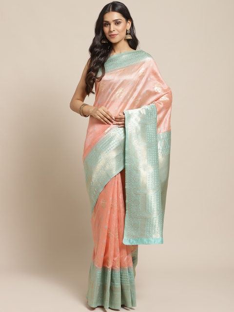 

Readiprint Fashions Peach-Coloured & Sea Green Woven Design Banarasi Saree