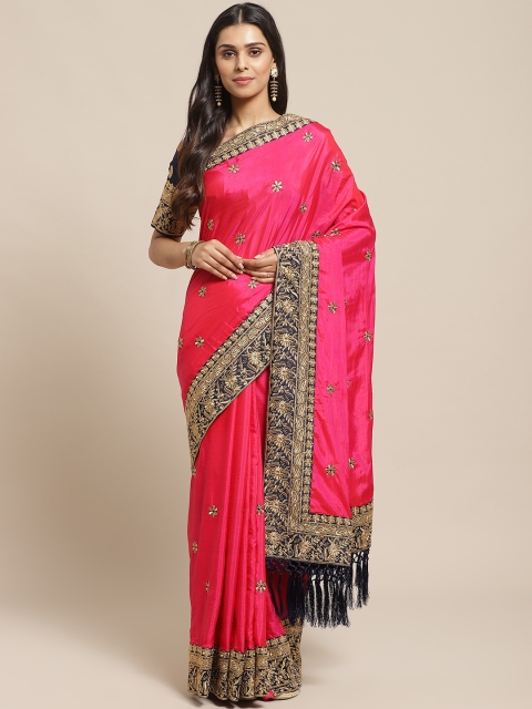 

Readiprint Fashions Pink & Golden Satin Finish Zari Embroidered Saree