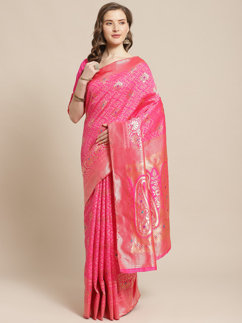 

Readiprint Fashions Pink & Golden Ethnic Woven Design Banarasi Saree