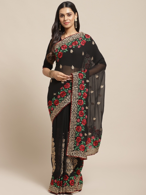 

Readiprint Fashions Black & Golden Zari Floral Embroidered Saree