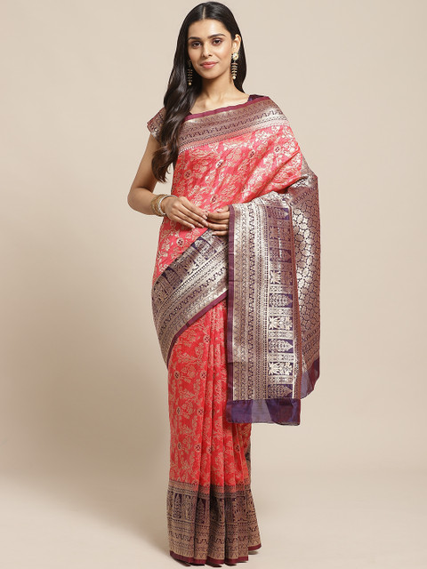 

Readiprint Fashions Pink & Golden Floral Woven Design Banarasi Saree