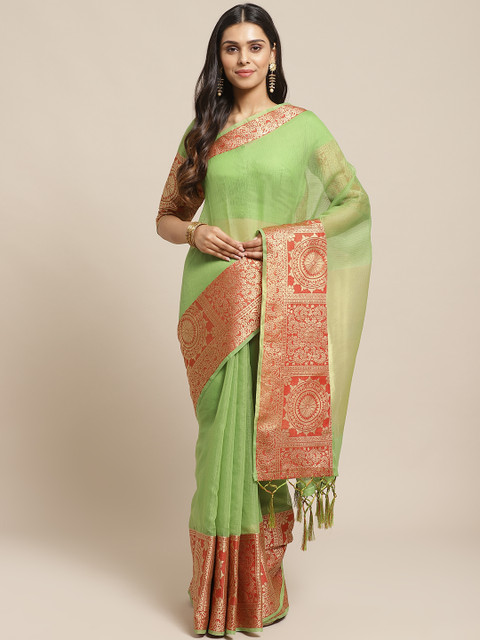 

Readiprint Fashions Green & Red Zari Solid Tussar Saree