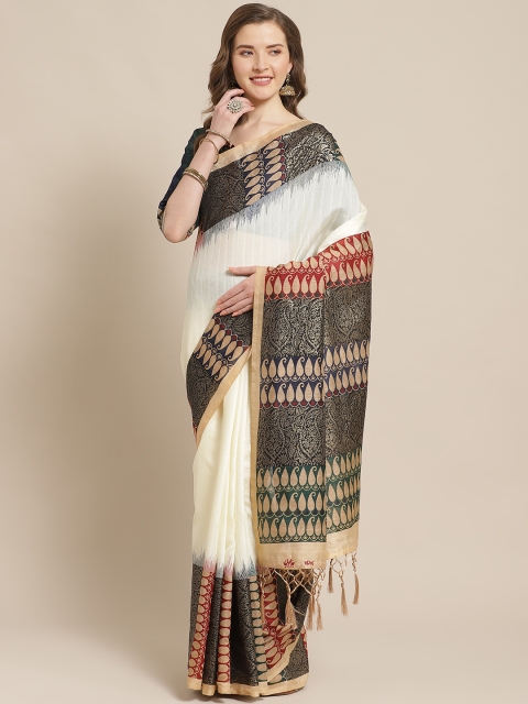 

Readiprint Fashions Off-White & Black Self-Striped Bhagalpuri Saree