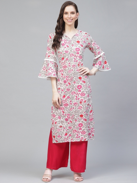 

AHIKA Women Grey & Pink Printed Straight Kurta
