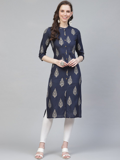 

AHIKA Women Navy Blue & White Printed Straight Kurta