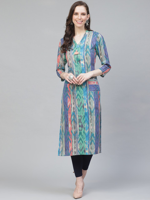 

AHIKA Women Blue & Grey Striped Straight Kurta