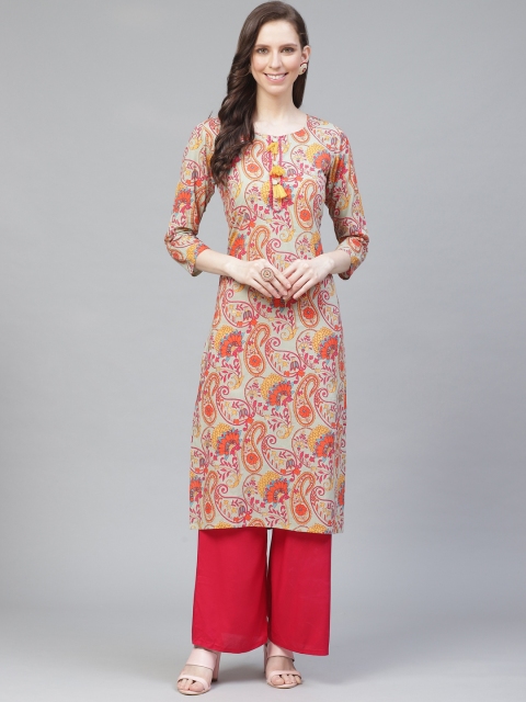 

AHIKA Women Sea Green & Orange Paisley Print Straight Kurta