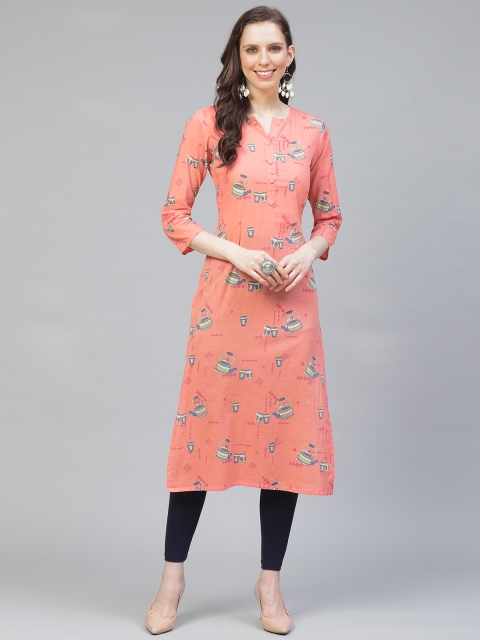 

AHIKA Women Pink & Blue Quirky Print Straight Kurta