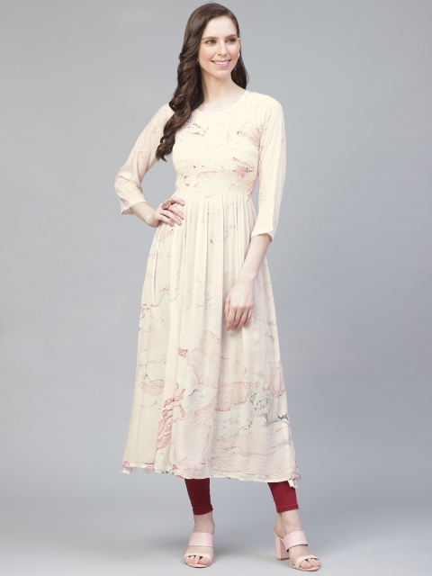 

AHIKA Women Off-White & Pink Printed Crinkled A-Line Kurta