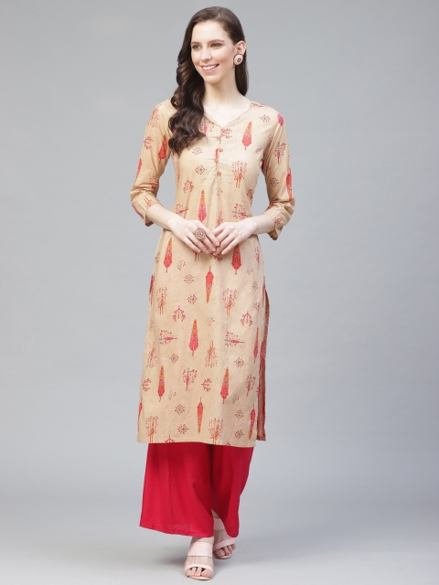 

AHIKA Women Beige & Orange Printed Straight Kurta