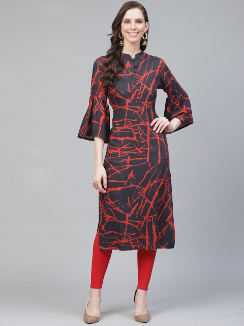 

AHIKA Women Navy Blue & Red Printed Straight Kurta