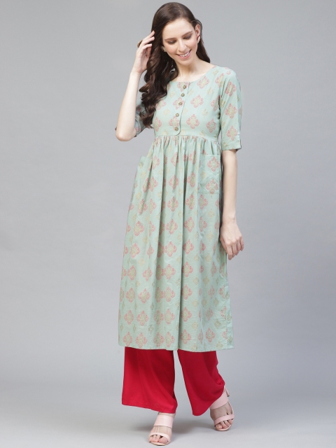 

AHIKA Women Green & Pink Printed A-Line Kurta