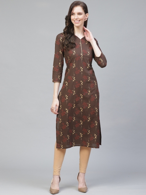 

AHIKA Women Brown & Golden Printed Straight Kurta
