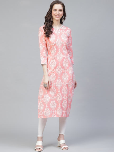 

AHIKA Women Pink & White Printed Straight Kurta