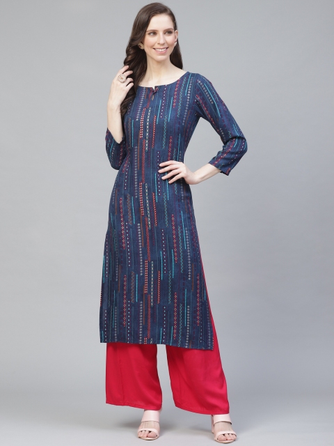 

AHIKA Women Blue & Pink Geometric Print Straight Kurta