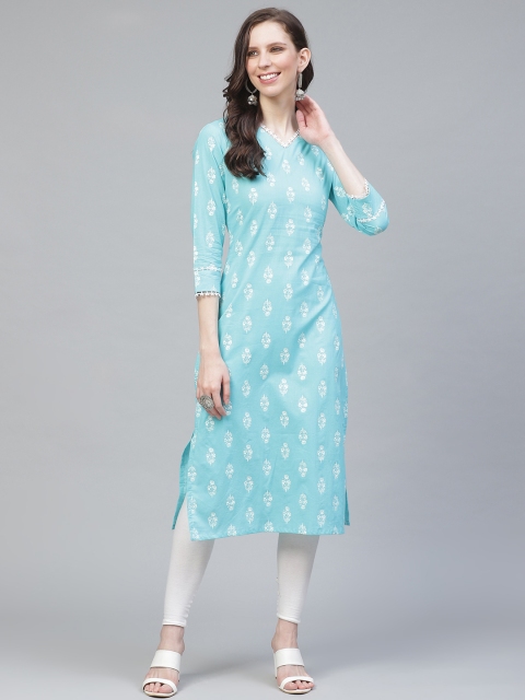 

AHIKA Women Blue & White Printed Straight Kurta