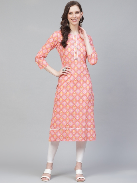 

AHIKA Women Pink & Orange Printed Straight Kurta