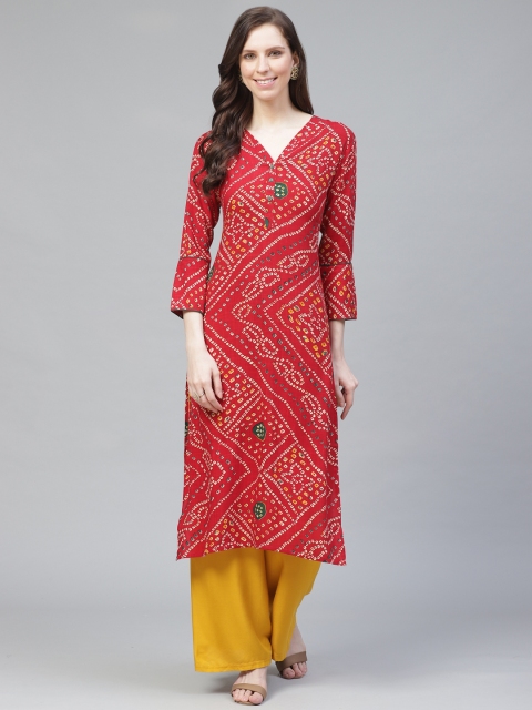 

AHIKA Women Red & Off-White Bandhani Print Straight Kurta