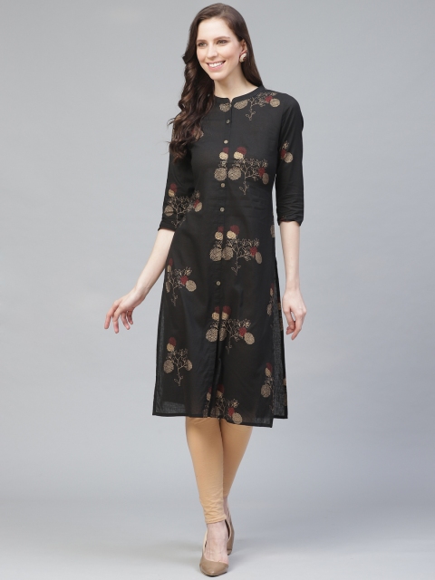 

AHIKA Women Black & Golden Floral Print Straight Kurta