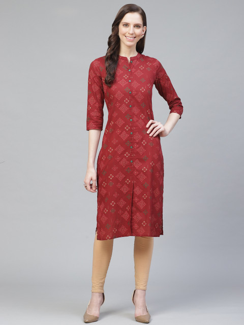 

AHIKA Women Red & Green Ethnic Motif Print Straight Kurta