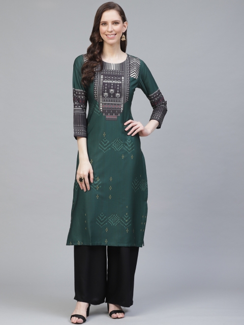 

AHIKA Women Green & Black Ethnic Motif Print Straight Kurta