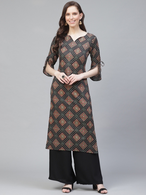 

AHIKA Women Black & Brown Bandhani Print Straight Kurta