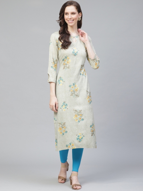 

AHIKA Women Off-White & Green Striped Straight Kurta With Floral Print Detail