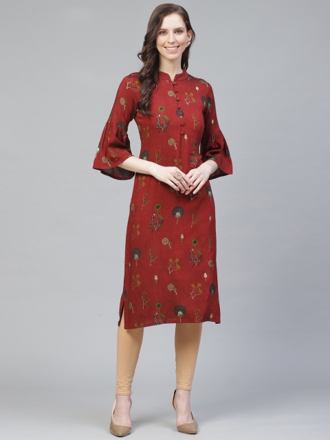

AHIKA Women Maroon & Olive Green Ethnic Motif Print Straight Kurta