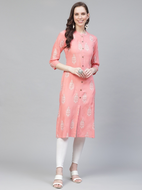 

AHIKA Women Pink & Golden Printed Straight Kurta