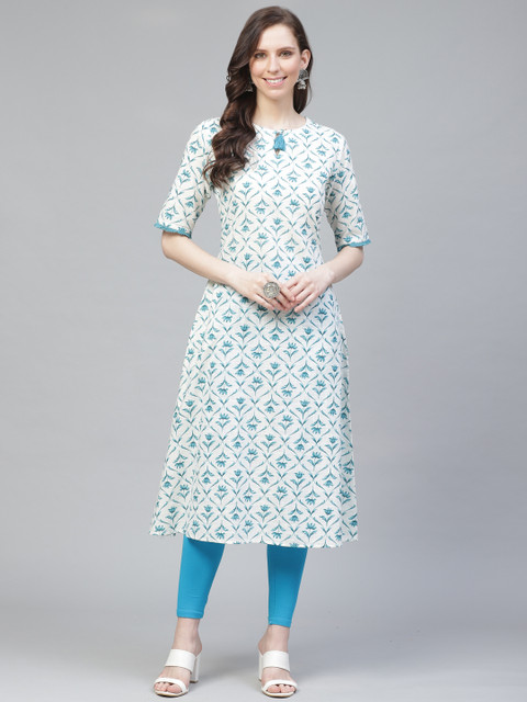 

AHIKA Women Off-White & Teal Blue Floral Printed A-Line Kurta