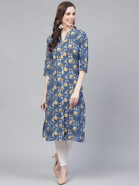 

AHIKA Women Navy Blue & Yellow Printed Straight Kurta