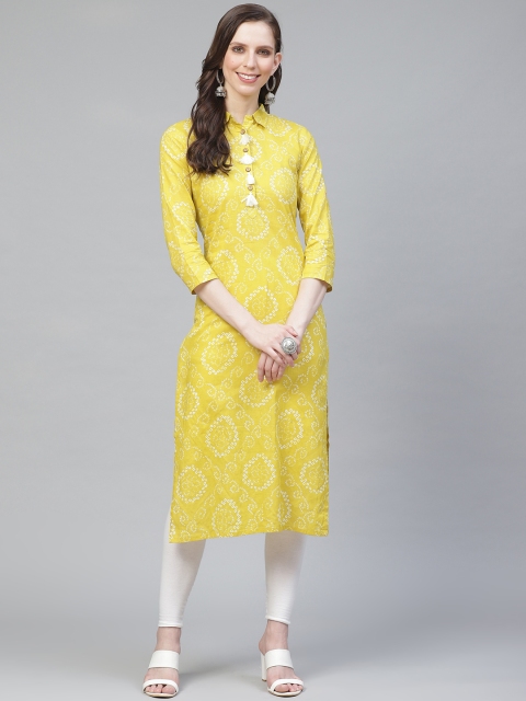 

AHIKA Women Lime Green & White Bandhani Print Straight Kurta