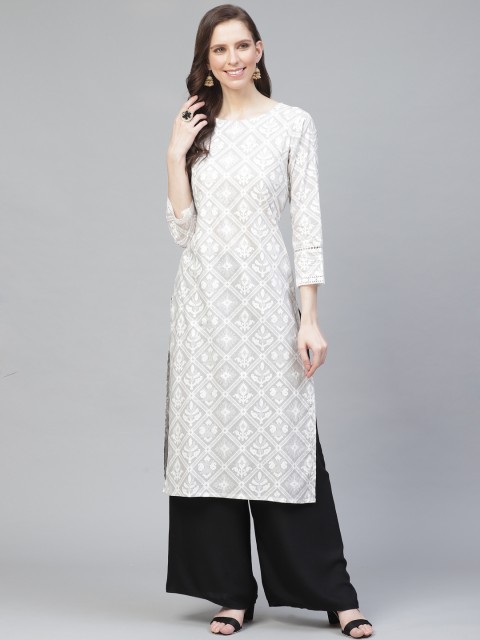 

AHIKA Women Grey & White Printed Straight Kurta