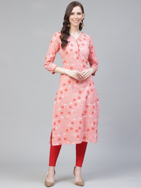 

AHIKA Women Pink & Off-White Floral Printed Straight Kurta