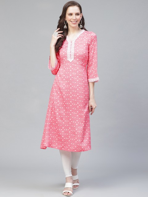 

AHIKA Women Pink & White Printed A-Line Kurta