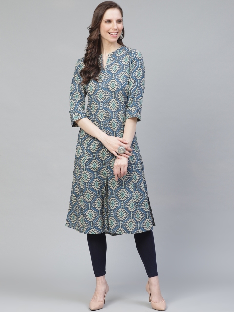 

AHIKA Women Navy Blue & Beige Printed Straight Kurta