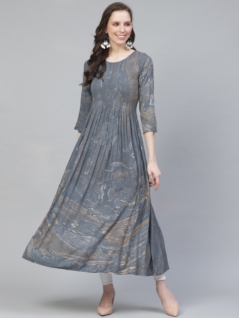 

AHIKA Women Grey & Gold-Toned Printed Anarkali Kurta with Smocked Detail