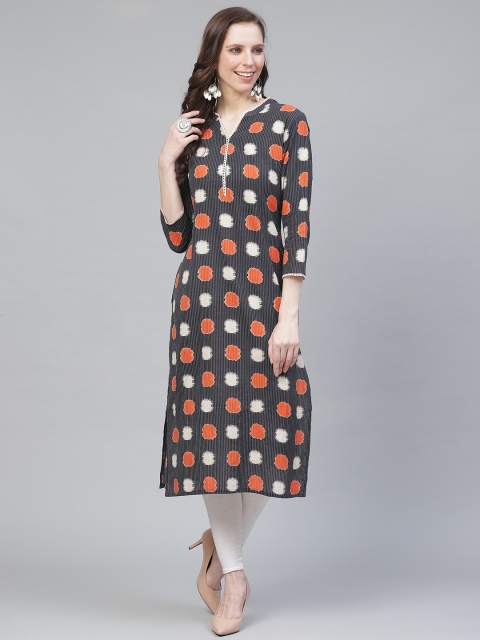 Women Charcoal & Orange Printed Straight Kurta