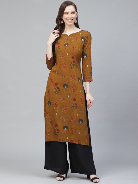 

AHIKA Women Mustard Brown & Maroon Floral Printed Straight Kurta