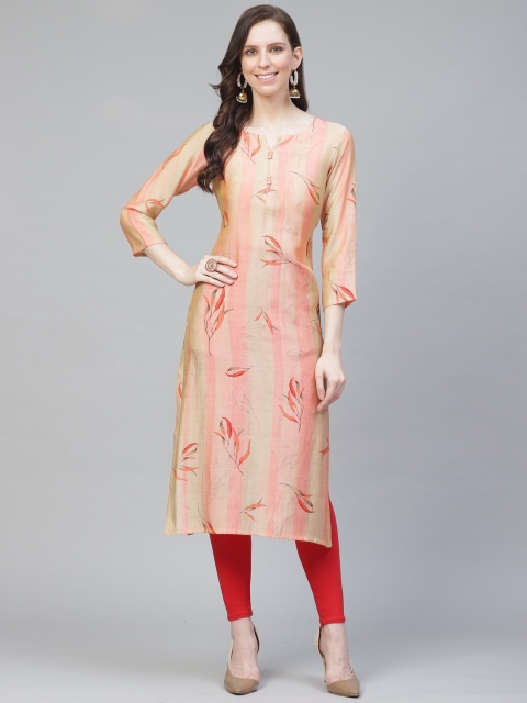 

AHIKA Women Pink & Beige Leaf Printed Straight Kurta
