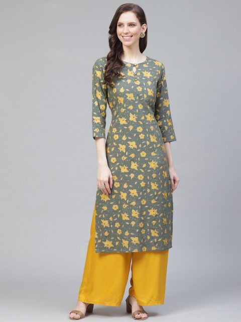 

AHIKA Women Green & Mustard Yellow Printed Straight Kurta