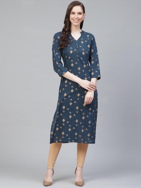 

AHIKA Women Teal Blue & Golden Printed Straight Kurta